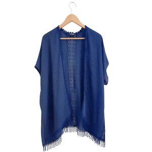 Steve Madden Navy Blue Boho Kimono Cardigan – Open Front, Tassel Hem, Size M/L